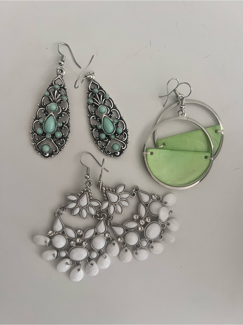 Silver-Tone Mint Green and White Drop Earrings Set - Women Jewelry